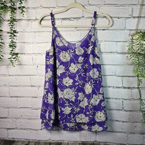 CABI FLOWY TANK PURPLE WITH WHITE FLORAL PRINT DOUBLE LAYERED FABRIC WOMENS XS